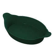 A dark green, oval-shaped silicone baking dish ideal for Au Gratin dishes, with two small handles featuring textured grooves on each end, placed against a plain white background. The dish has smooth sides and a matte finish.