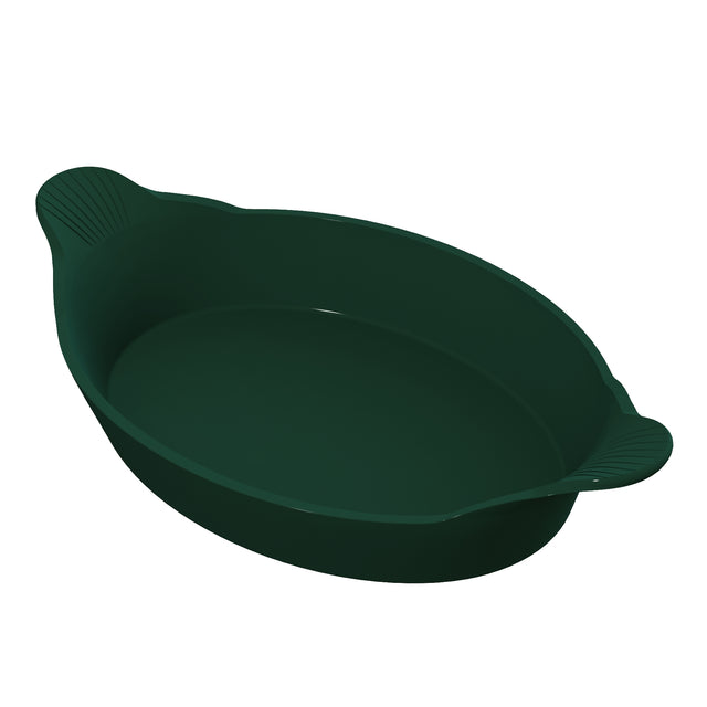 A dark green, oval-shaped silicone baking dish ideal for Au Gratin dishes, with two small handles featuring textured grooves on each end, placed against a plain white background. The dish has smooth sides and a matte finish.