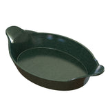 A dark green, oval-shaped cast aluminum baking dish with two textured handles on opposite sides. The dish has a smooth finish and gently sloping sides, suitable for oven use, cold holding, and serving casseroles or baked Au Gratin dishes.