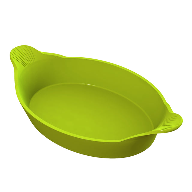 A bright green, oval-shaped silicone Au Gratin baking dish with two textured handles on opposite sides, shown on a white background. The dish has smooth sides and a glossy finish, perfect for baking or serving food.