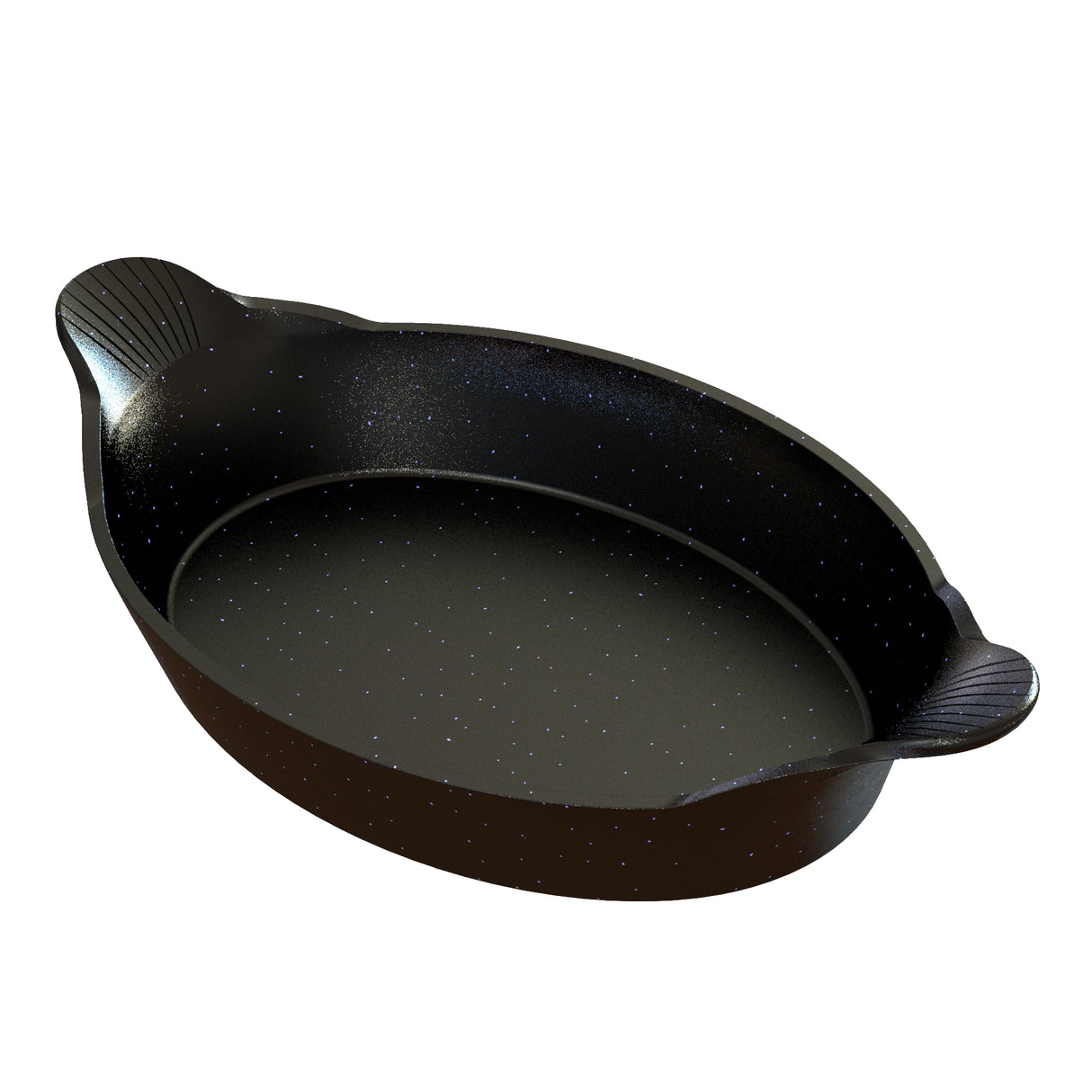 An oval-shaped black cast aluminum au gratin baking dish with two textured handles on opposite sides. The surface features a subtle speckled pattern and glossy, stone-like look. Dishwasher safe, it appears empty against a plain white background.