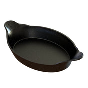 An oval-shaped black cast aluminum au gratin baking dish with two textured handles on opposite sides. The surface features a subtle speckled pattern and glossy, stone-like look. Dishwasher safe, it appears empty against a plain white background.