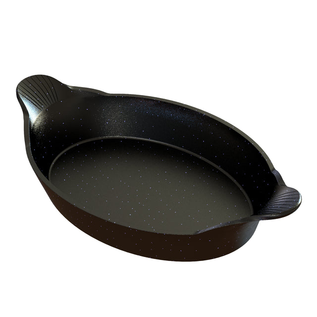 An oval-shaped black cast aluminum au gratin baking dish with two textured handles on opposite sides. The surface features a subtle speckled pattern and glossy, stone-like look. Dishwasher safe, it appears empty against a plain white background.