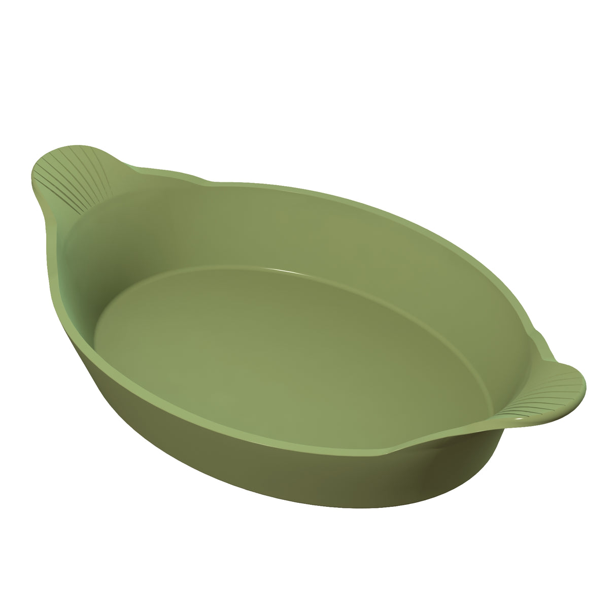 A green, oval-shaped Au Gratin baking dish with a smooth surface and two handles, each featuring a ridged pattern, is shown on a white background. The dish appears to be made of silicone or plastic.