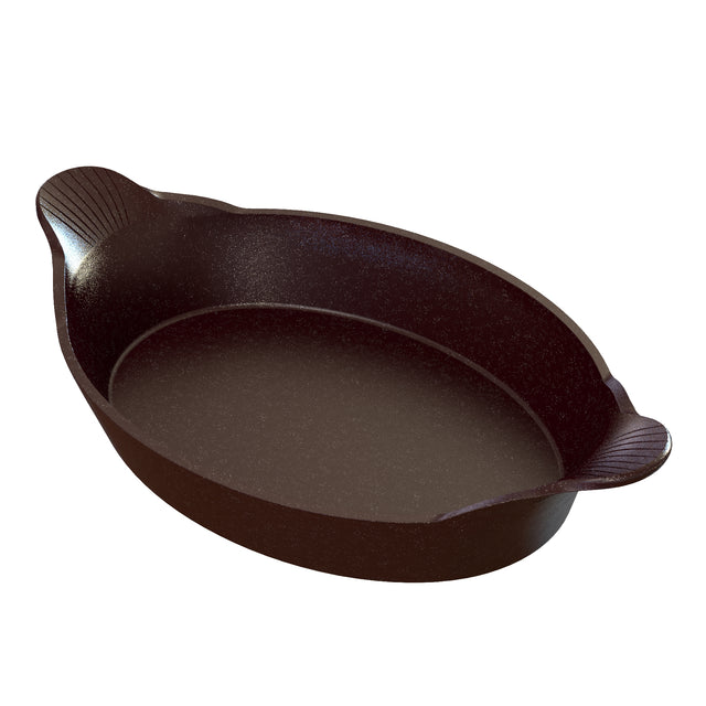 A dark brown, oval-shaped cast aluminum baking dish with two rounded, textured handles on opposite sides. The interior is smooth and slightly reflective, while the exterior has a matte finish—perfect for Au Gratin and dishwasher safe.