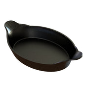 A black, oval-shaped cast aluminum Au Gratin baking dish with two small, textured handles on opposite sides. The glossy, speckled surface is both stylish and practical—dishwasher safe for easy cleanup and ideal for baking or serving food.