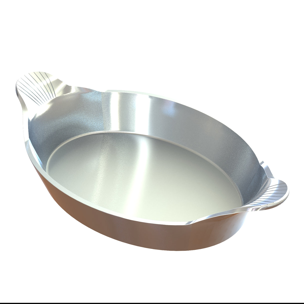 A shiny, oval-shaped cast aluminum au gratin baking dish with two small, textured handles on each end, set against a white background. Its smooth sides and reflective surface give it a polished, modern appearance.
