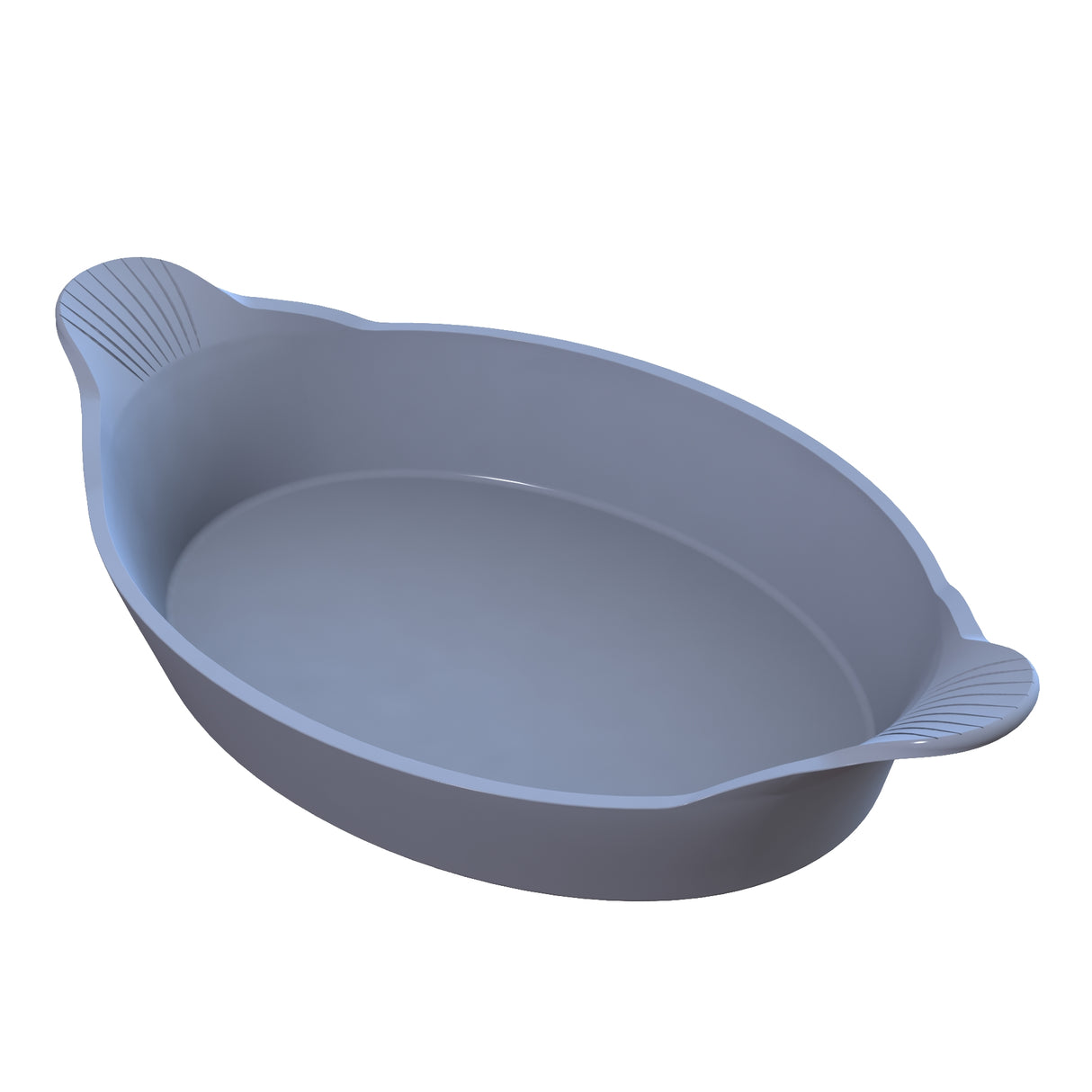 A gray oval cast aluminum baking dish with two small handles featuring subtle ridged patterns. Ideal for Au Gratin dishes, it has smooth, rounded edges and a simple, unadorned design. The plain white background highlights its elegance.