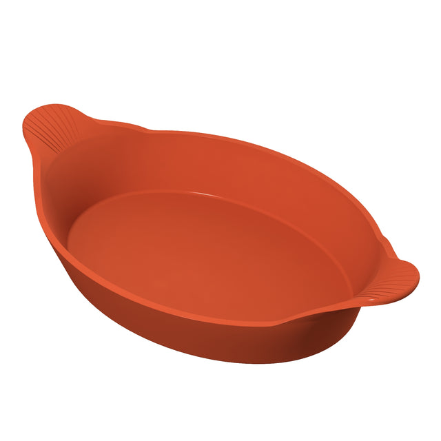 An empty, oval-shaped, red Au Gratin baking dish with two small handles on opposite sides. Made from cast aluminum, the handles have a ridged texture for grip. The glossy dish sits against a plain white background.