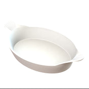 An oval-shaped, white ceramic au gratin baking dish with two short, textured handles on either end. The dish features smooth sides, a glossy finish, and is photographed on a plain white background.