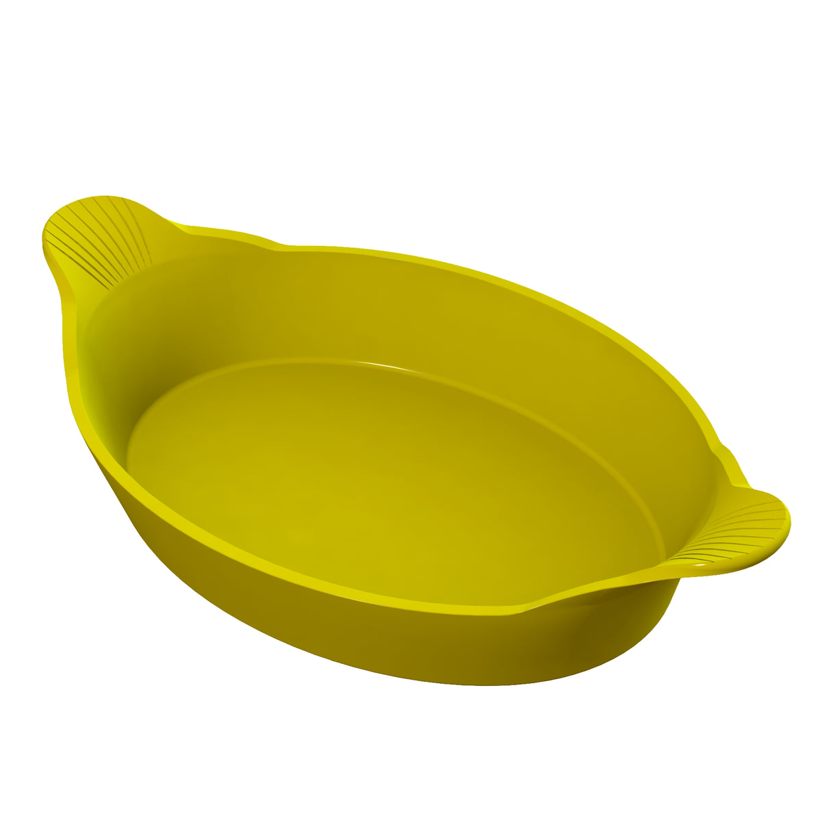 A yellow oval-shaped cast aluminum baking dish with two textured handles on opposite sides, set against a white background. The dish has smooth sides and a glossy finish, ideal for Au Gratin recipes or serving food.