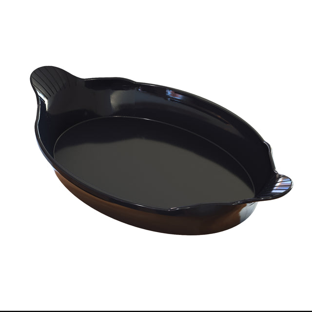An oval-shaped, black Au Gratin baking dish with two small handles sits on a white background. The glossy, smooth interior contrasts with the matte-finished exterior, which features a slight rim for added style.