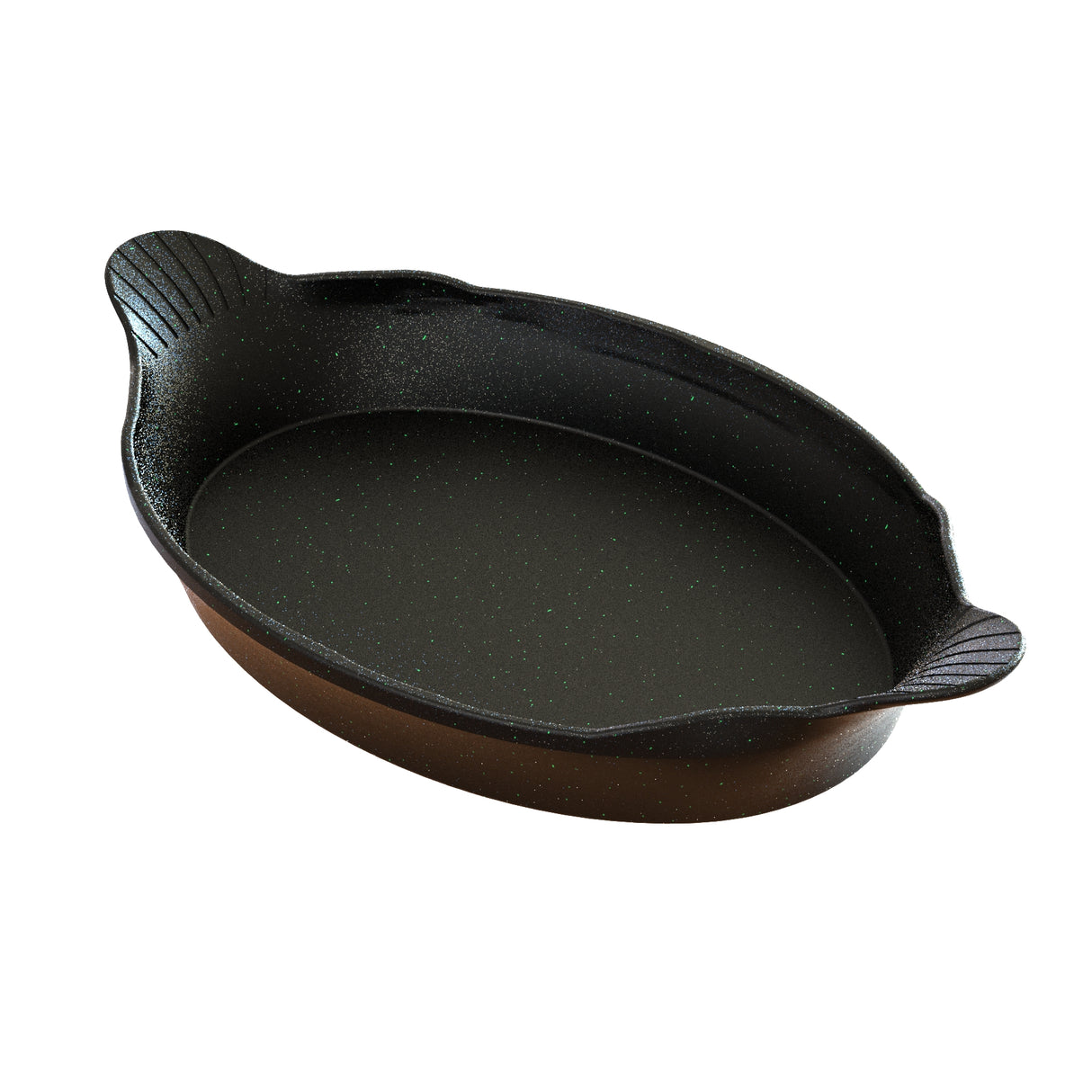 An empty, oval-shaped cast aluminum Au Gratin baking dish with a speckled dark nonstick interior and two small, textured handles. The brown exterior contrasts against the plain white background, ideal for both baking and cold holding.