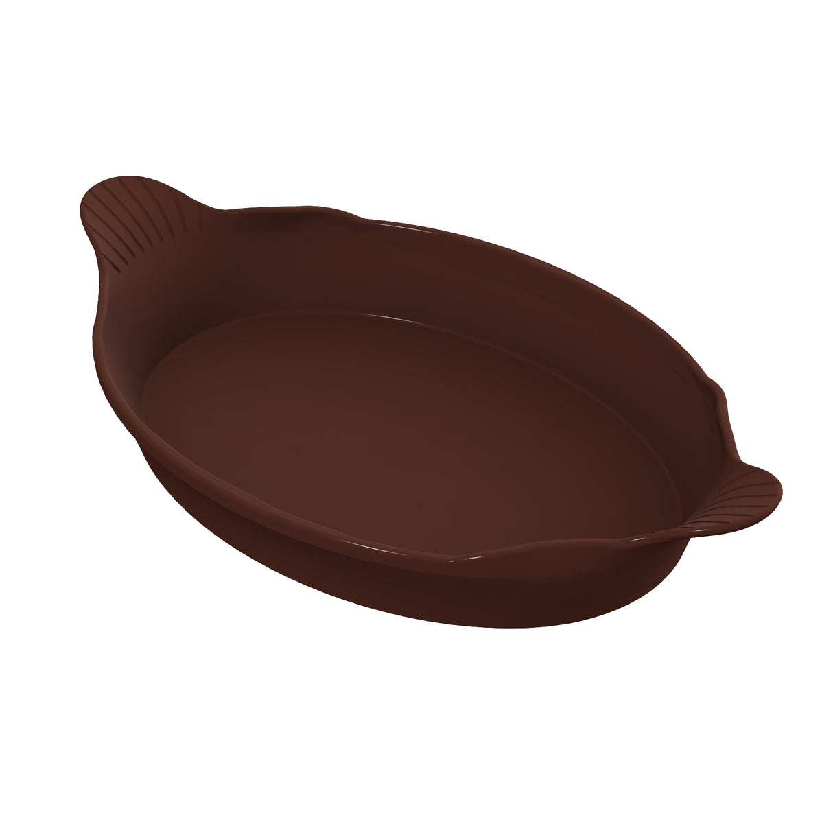 A brown, oval-shaped Au Gratin dish with two flared, ridged handles on opposite sides. The dish has smooth sides and a flat base, and it is shown on a plain white background.