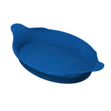 A blue oval au gratin baking dish with two small handles on each end. The cast aluminum dish features a smooth interior and slightly flared sides, and is photographed on a white background.