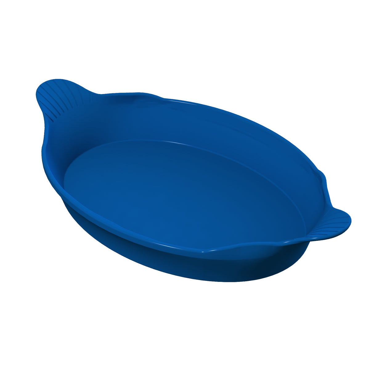 A bright blue, oval-shaped silicone baking dish with two small, textured handles on opposite sides. Perfect for preparing Au Gratin dishes, it features smooth sides and a flat base, and is shown on a white background.