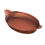 A brown, oval-shaped Au Gratin Dish with two small, ridged handles on each end. The surface appears smooth and nonstick, and the dish is empty. The image is set against a white background.