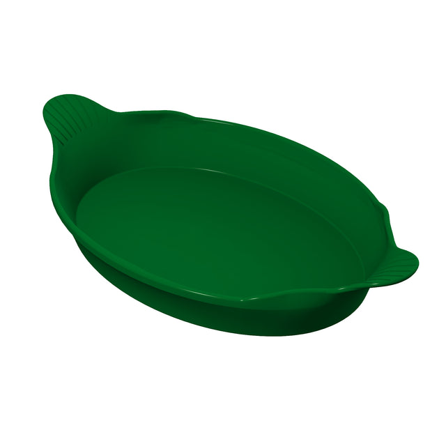 A green, oval-shaped silicone Au Gratin dish with two textured handles on each end, shown on a white background. The dish features slightly raised sides and a smooth, non-stick interior surface.