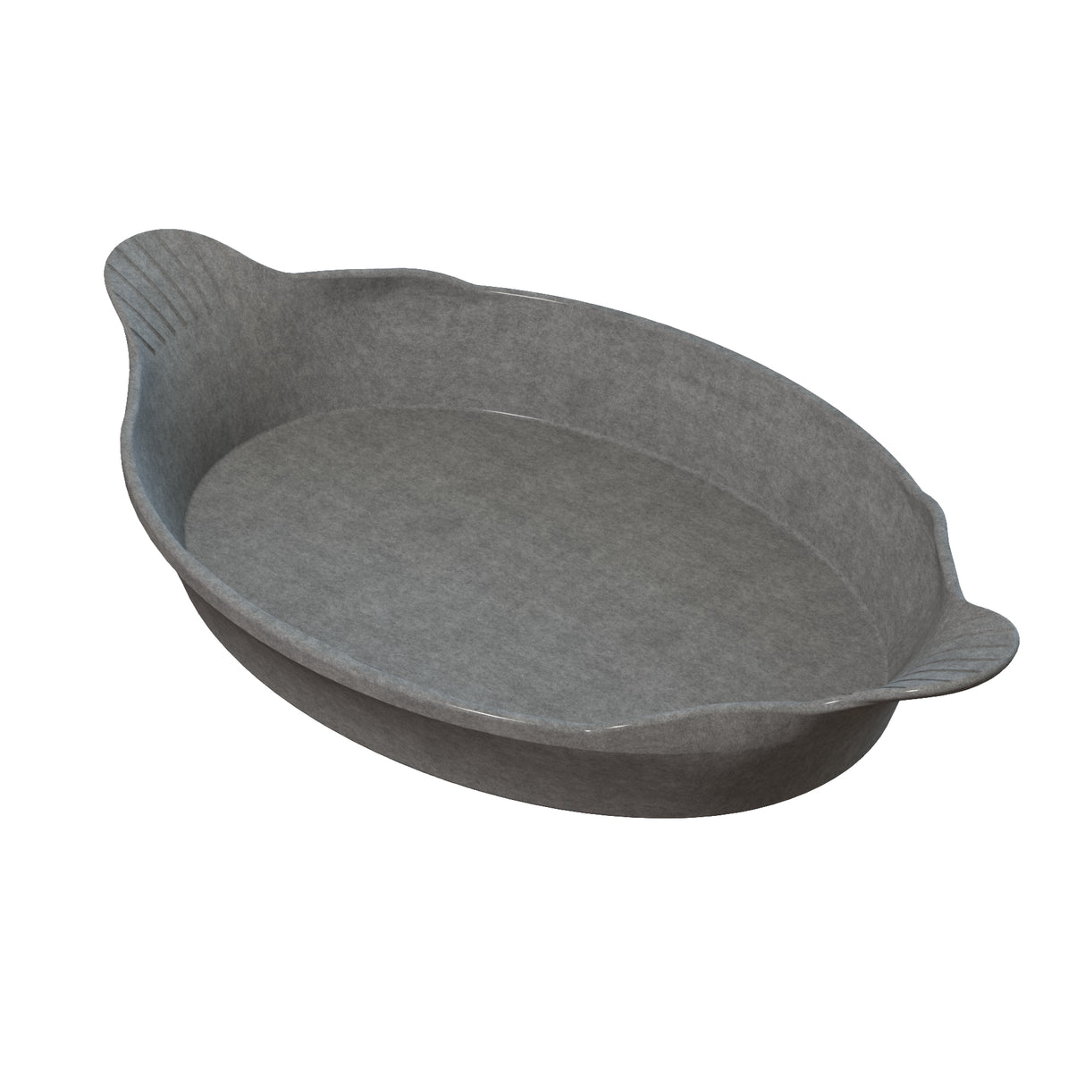 A gray, oval-shaped Au Gratin baking dish with slightly flared sides and two small handles on opposite ends. The surface has a smooth, matte finish, and the dish appears to be made of ceramic or cast aluminum. The subtly ridged handles offer grip.