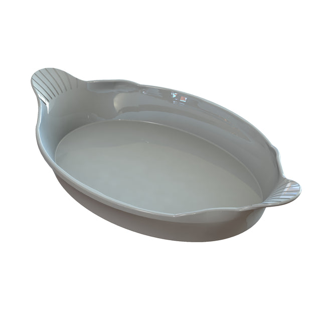 A glossy, white, oval-shaped au gratin dish with two small, slightly flared handles on each end, featuring subtle ribbed details. The ceramic dish is empty and photographed against a plain white background.