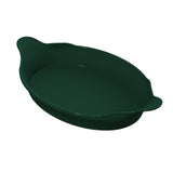 A dark green, oval-shaped cast aluminum baking dish with two small, textured handles on opposite sides. The dish has smooth sides and a glossy finish, ideal for Au Gratin recipes and is shown on a white background.