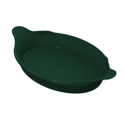 A dark green, oval-shaped cast aluminum baking dish with two small, textured handles on opposite sides. The dish has smooth sides and a glossy finish, ideal for Au Gratin recipes and is shown on a white background.