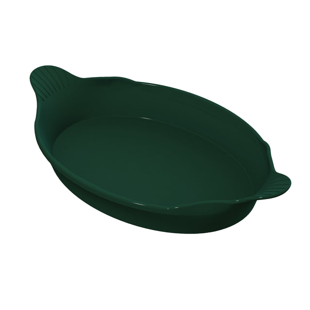 A dark green, oval-shaped cast aluminum baking dish with two small, textured handles on opposite sides. The dish has smooth sides and a glossy finish, ideal for Au Gratin recipes and is shown on a white background.