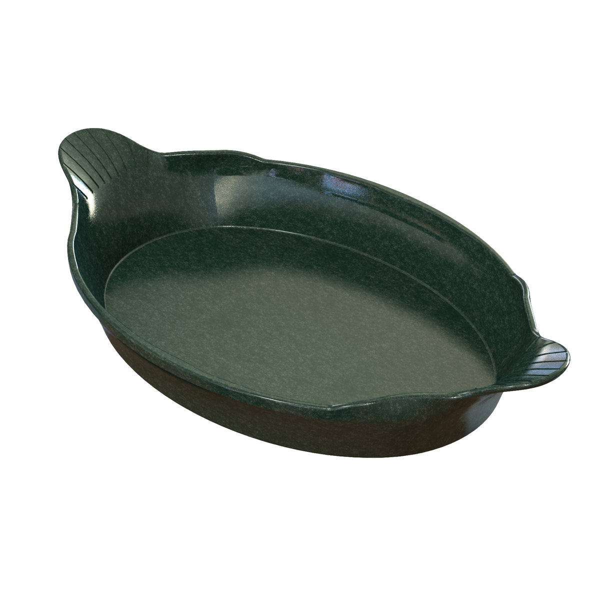 A dark green, oval-shaped au gratin ceramic baking dish with two small, curved handles on opposite sides. The glossy finish and ribbed texture on the handles enhance its style. Perfect for oven-to-table serving or cold holding, set against a white background.