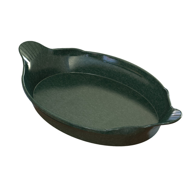 A dark green, oval-shaped au gratin ceramic baking dish with two small, curved handles on opposite sides. The glossy finish and ribbed texture on the handles enhance its style. Perfect for oven-to-table serving or cold holding, set against a white background.