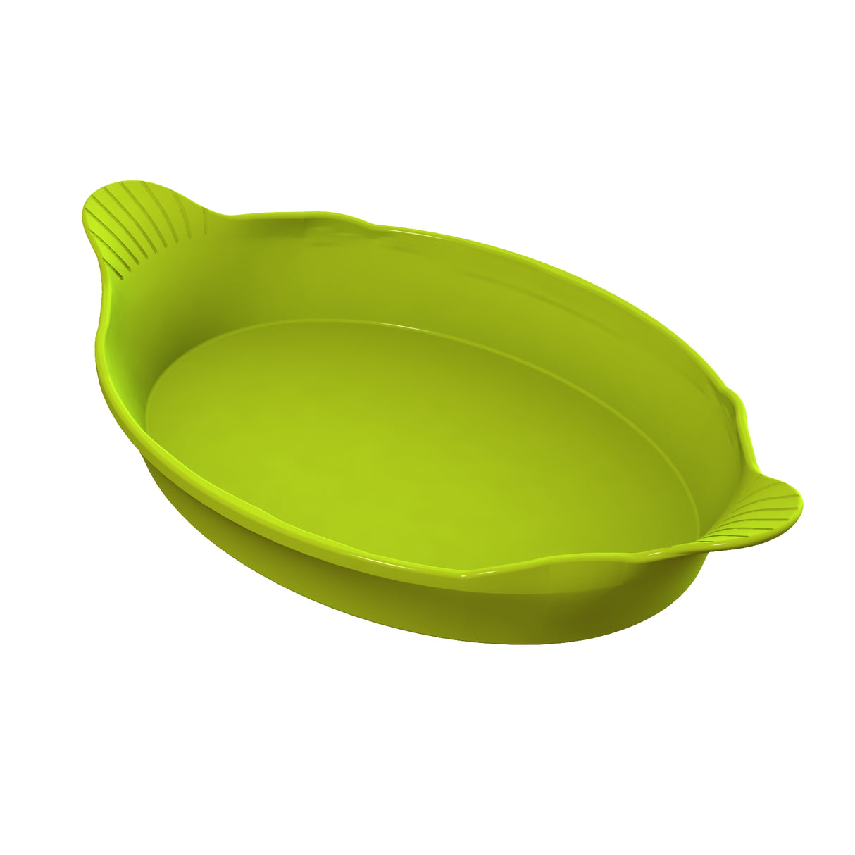 A bright green, oval-shaped plastic baking dish with slightly flared sides and two small handles, each featuring a ribbed texture. This dishwasher safe dish is empty and shown on a white background.
