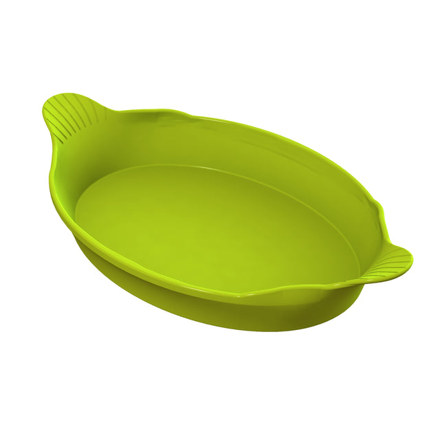 A bright green, oval-shaped plastic baking dish with slightly flared sides and two small handles, each featuring a ribbed texture. This dishwasher safe dish is empty and shown on a white background.