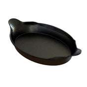 An oval-shaped, black cast aluminum roasting pan with two small handles on opposite ends. The interior features a speckled pattern and deep basin, making it ideal for baking, roasting, or preparing delicious Au Gratin dishes.