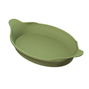 An oval-shaped, light green Au Gratin dish with two small, textured handles on opposite sides. The smooth, shallow dish appears to be made of plastic or silicone and is set against a plain white background.