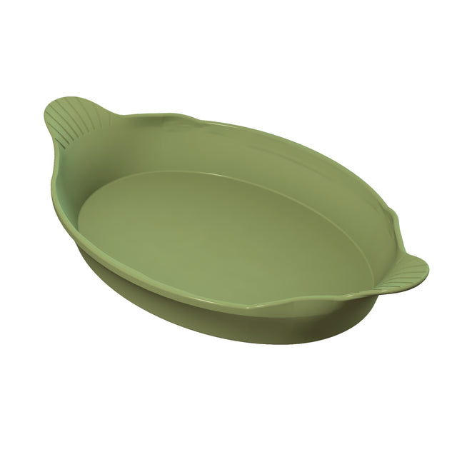An oval-shaped, light green Au Gratin dish with two small, textured handles on opposite sides. The smooth, shallow dish appears to be made of plastic or silicone and is set against a plain white background.