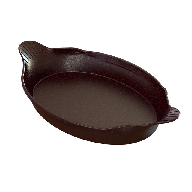 A dark brown, oval-shaped cast aluminum Au Gratin baking dish with a slightly speckled texture, featuring two small, curved handles on opposite sides. The smooth interior and gently raised sides make it ideal for baking or serving food.