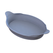 A gray, oval-shaped Au Gratin dish with two small, ridged handles on opposite sides. The dish has smooth sides and a flat base, and it appears to be made of cast aluminum or glass. The background is plain white.