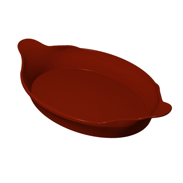 A red, oval-shaped silicone baking dish ideal for Au Gratin recipes, featuring two handles for easy gripping. Shown from a slightly elevated angle on a white background, the dish has smooth sides and a flat base.