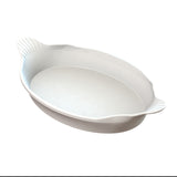 A white, oval ceramic Au Gratin baking dish with two short, scalloped handles on opposite sides. The dish has a smooth interior and is shown on a plain white background, angled slightly to display its depth and rim details.