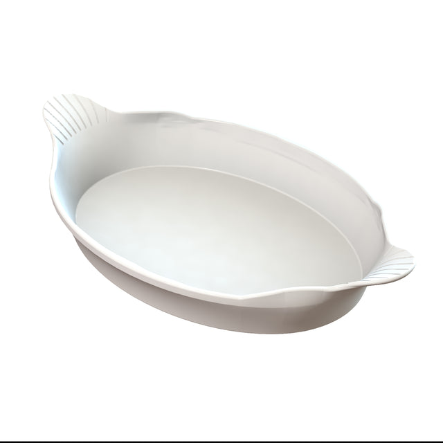 A white, oval ceramic Au Gratin baking dish with two short, scalloped handles on opposite sides. The dish has a smooth interior and is shown on a plain white background, angled slightly to display its depth and rim details.