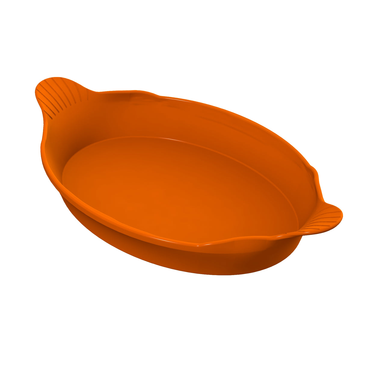 An orange, oval-shaped au gratin dish with two small, textured handles on opposite sides, set against a plain white background. The silicone dish has smooth sides and a flat bottom, perfect for baking or serving food.