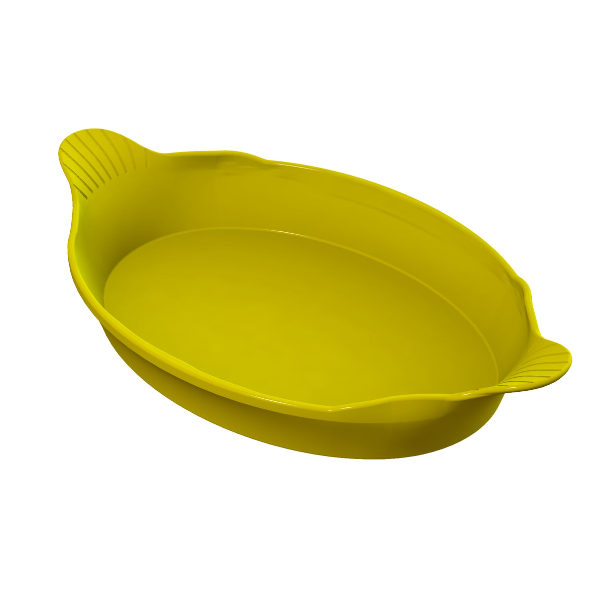 A yellow oval-shaped Au Gratin baking dish crafted from cast aluminum, perfect for both baking and cold holding your favorite recipes.