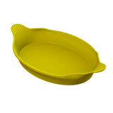 A yellow oval-shaped Au Gratin baking dish crafted from cast aluminum, perfect for both baking and cold holding your favorite recipes.