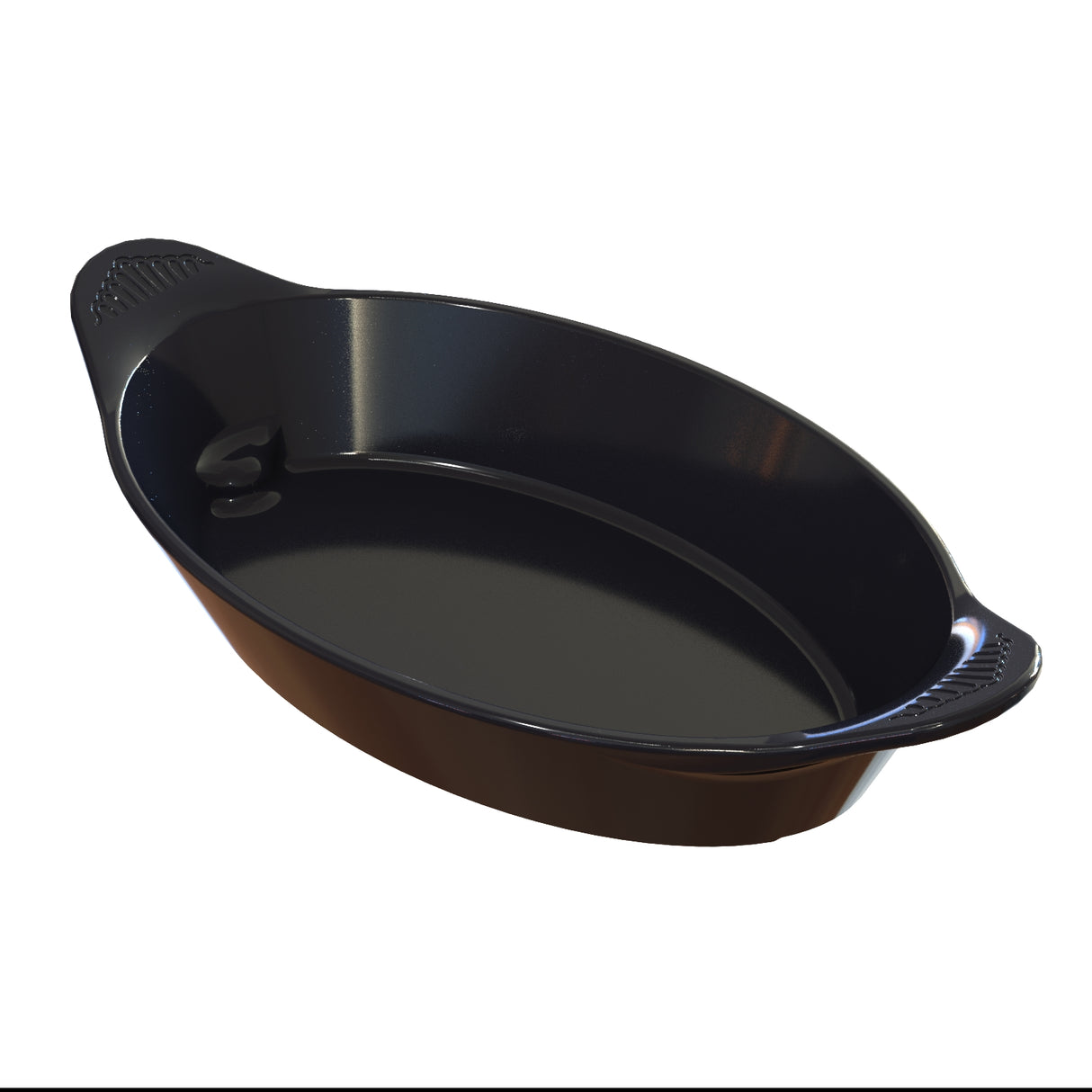 A black, oval-shaped cast aluminum baking dish with two short handles on each end, placed against a white background. The dish has smooth sides and a glossy finish, suitable for baking, cold holding, or serving food.