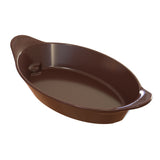A brown, oval-shaped Server baking dish with two textured handles on either end. The dish has a smooth, glossy interior and slightly sloped sides, appearing to be made of ceramic or similar material. The background is plain white.