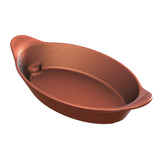 An oval, reddish-brown ceramic server with two small, textured handles on either end. The smooth interior and slightly curved rim make it ideal for cold holding dishes. The empty dish sits against a white background.