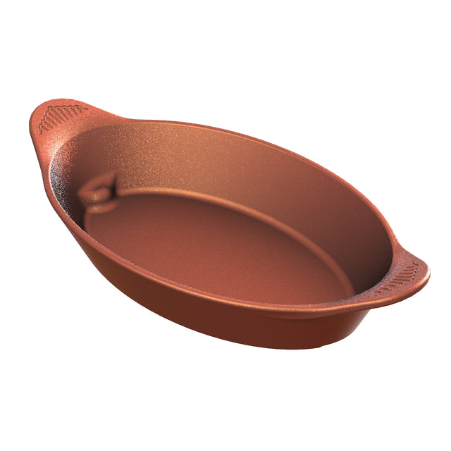 An oval, reddish-brown ceramic server with two small, textured handles on either end. The smooth interior and slightly curved rim make it ideal for cold holding dishes. The empty dish sits against a white background.