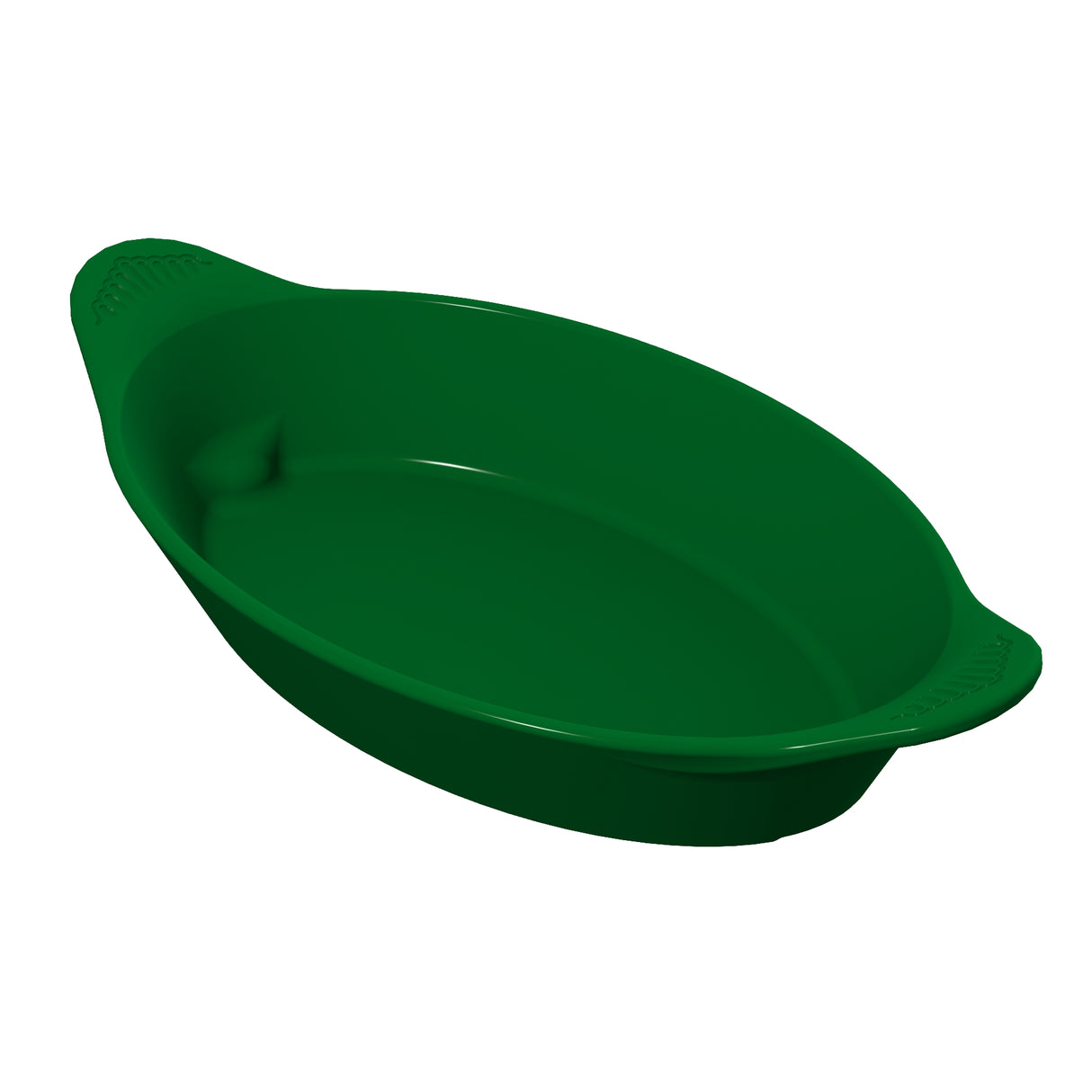 A solid green, oval-shaped cast aluminum baking dish with a smooth surface and two small handles on either end. The dish has slightly raised edges and is empty, set against a plain white background. Ideal for serving or cold holding as a Server.