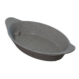 A gray, oval-shaped ceramic baking dish with slightly raised sides and a small handle on each end, set against a white background. The smooth, subtly textured Server is dishwasher safe for easy cleanup.