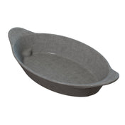 A gray, oval-shaped ceramic baking dish with slightly raised sides and a small handle on each end, set against a white background. The smooth, subtly textured Server is dishwasher safe for easy cleanup.