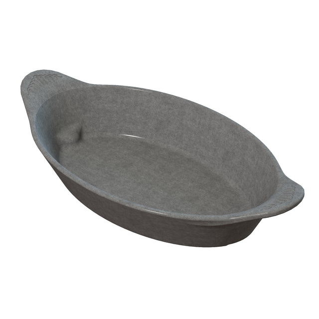 A gray, oval-shaped ceramic baking dish with slightly raised sides and a small handle on each end, set against a white background. The smooth, subtly textured Server is dishwasher safe for easy cleanup.